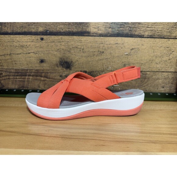 Clarks Cloudsteppers Sandals Womens 9.5 Arla Belle Wedge Slingback Orange Fabric - Picture 6 of 10